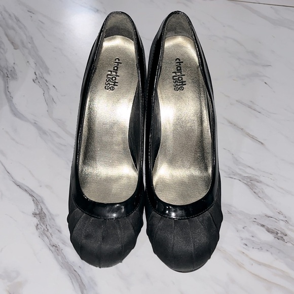 Charlotte Russe Shoes - Charlotte Russe size 7.5 3 1/2 inch pumps black satin with Patten leather trim